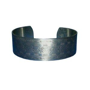 Vintage Nickel Silver Embossed Floral Ethnic BOHO Southwestern Cuff Bracelet